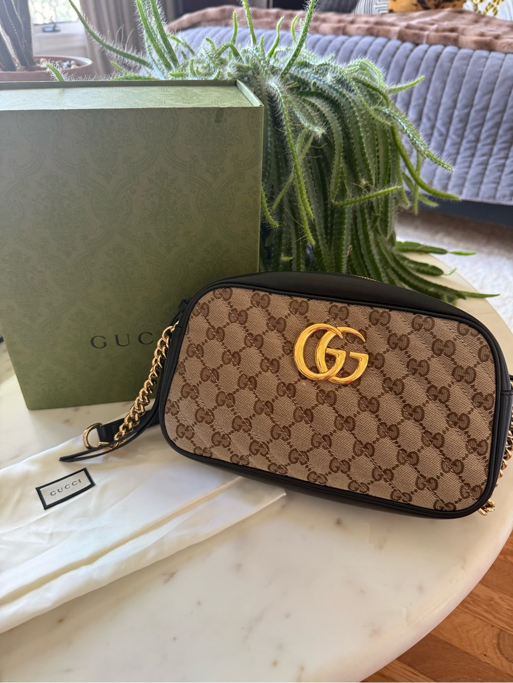 Gucci Beige/Brown GG Supreme Crossbody with Gold Hardware